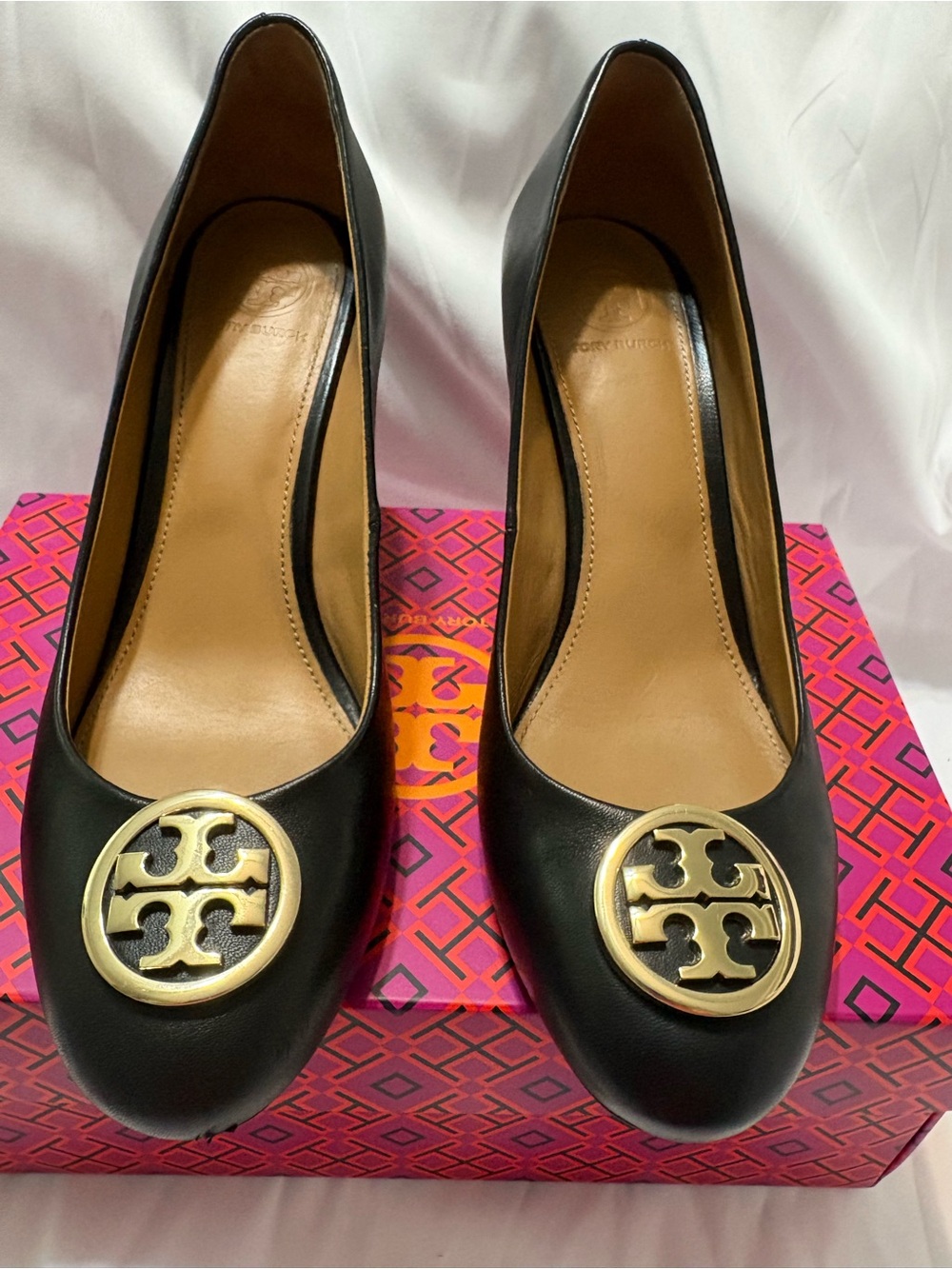 Tory Burch Black Leather Pumps with Gold Logo Medallions